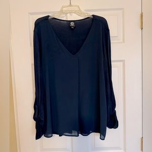 Mixed Media Top Roll Up Sleeves Navy V-neck Blouse